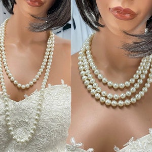 Unique Wedding Jewelry Set, Bridal Necklace Earrings Set, Round Crystal Pearl Layered Necklace Set, Jewelry for Bride, Long Pearl Necklace image 9