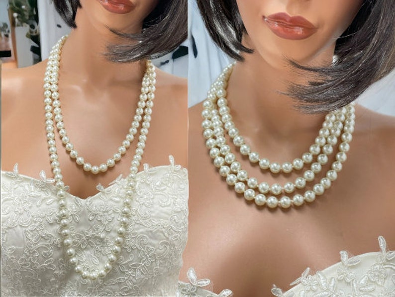 Unique Wedding Jewelry Set, Bridal Necklace Earrings Set, Round Crystal Pearl Layered Necklace Set, Jewelry for Bride, Long Pearl Necklace image 9