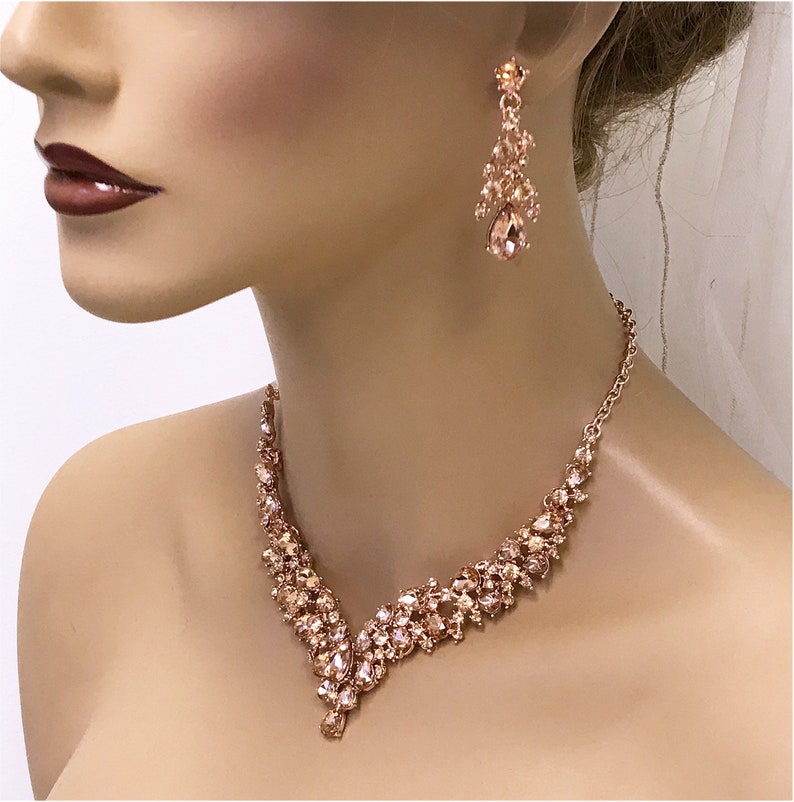 Prom Jewelry Set,Pink Bridal Necklace Earrings Peach Blush Crystal Backdrop Necklace Set Sapphire V Shape Bridal Jewelry Set Champagne
