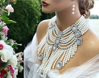 Chunky Crystal Pearl Bib Necklace Earrings, Jewelry for Bride, Bridal Jewelry Set, Unique Wedding Necklace Earrings, Balroom Necklace Set