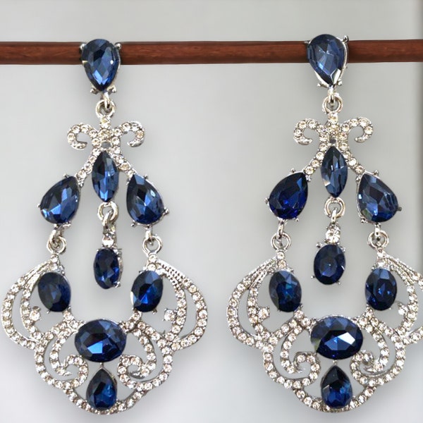 Sapphire Blue Bridal Chandelier Earrings, Emerald Green Teardrop Dangle Wedding Earrings Jewelry, Champagne Evening Earrings, Prom Earrings