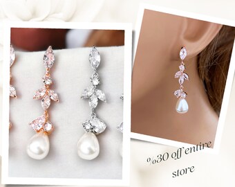 Cubic Zirconia Wedding Earrings, Leaf Bridal Earrings, Bridesmaid Earrings, Rose Gold Bridal Earrings, CZ Drop Earrings, Jewelry for Bride