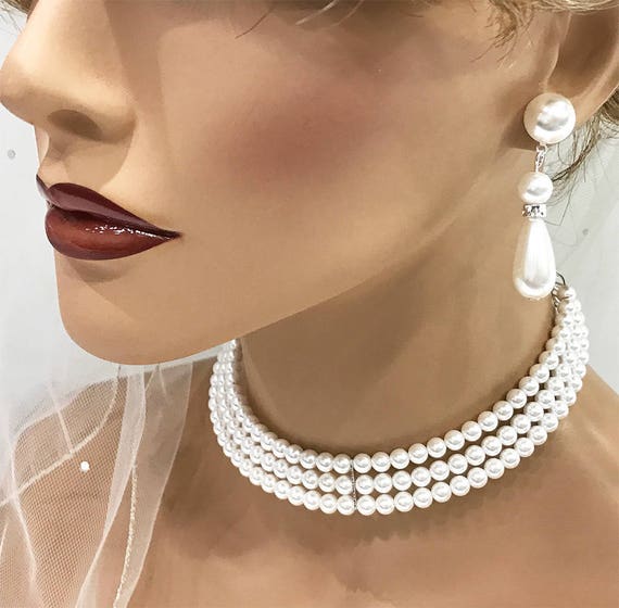 Victorian Pearl Choker Earrings Set 