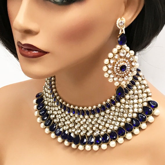Blue kundan jewellery set clearance