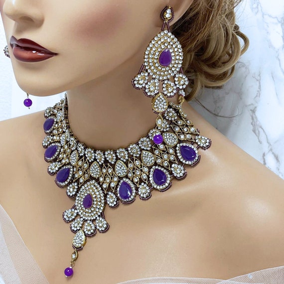 Indian Bridal Jewelry Set, Jewelry for Bride, Purple Bridal Choker Necklace Earring Set, Wedding Jewelry, Hindi Bollywood Kundan Jewelry Set