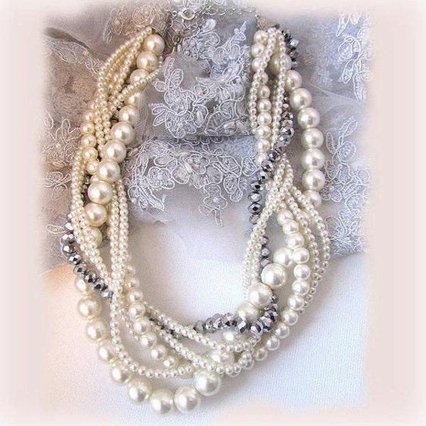 bruidsmeisjes sieraden set, twisted gevlochten parel ketting, bruiloft sieraden set, bruids sieraden set, bruids oorbellen, ivoor bruidsmeisje ketting