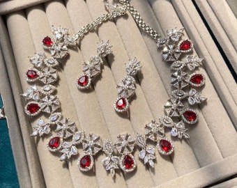 Red Cubic Zirconia Necklace Choker Earrings Jewelry Set, Wedding Jewelry, Mother of The Groom & Bride Jewelry Set, Special Gift For Her