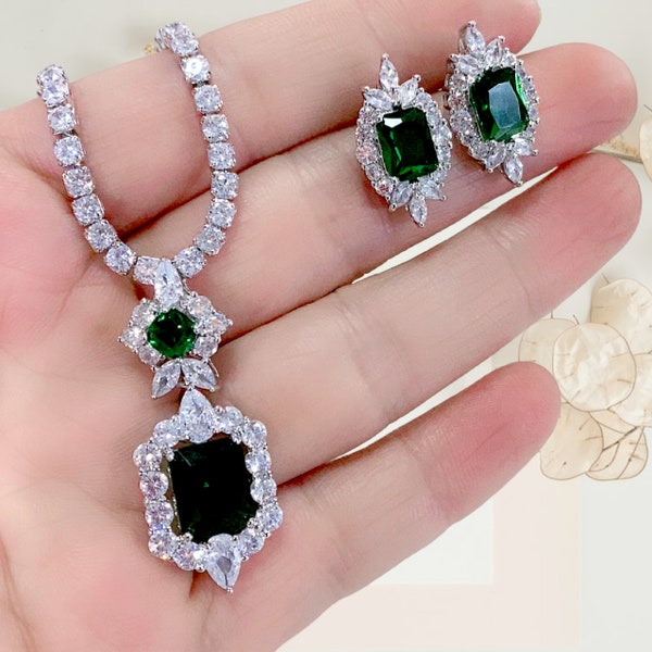 Green Cubic Zircon Wedding Jewelry Set, Bridesmaid Jewelry Set, Evening Necklace Earrings set, Jewelry for Wedding, Blue Prom Jewelry