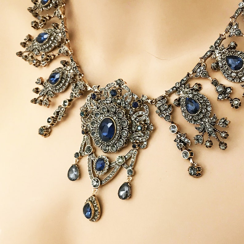 Gothic Jewelry Bridal Jewelry Set Sapphire Blue Jewelry Bronze Antique Gold Necklace Earrings Bracelet,Vintage Inspired Victorian Jewelry
