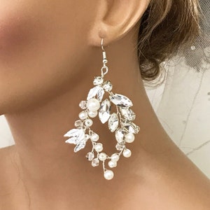 Bridal Earrings, Leaves flower Crystal Pearl Earrings, Bridesmaid Earrings, Handmade Silver Bridal Earrings, Wedding Hoop Earrings