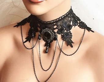 Collar de gargantilla negra, joyería de boda, collar de gargantilla de encaje negro victoriano, gargantilla de boda gótica, joyería de collar de salón