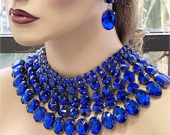 wedding Jewelry Set, Royal Blue Bib Necklace Earrings, Unique Hollywood Style Ballroom Jewelry Set, Special Occasion Fashion Jewelry