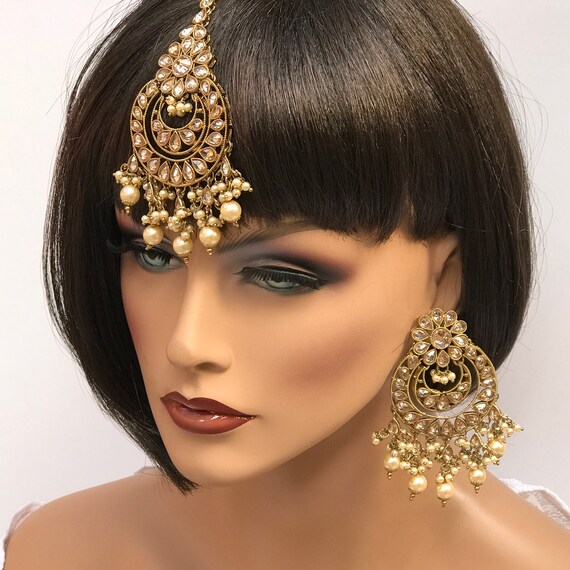 Bridal Earrings, Indian Bridal Jewelry Set, Gold Champagne Crystals Kundan Earrings Tikka Hair Jewelry Set, Hindi Pearl Earrings Jewelry