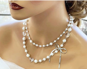 Bow Pointed Double Layered Pearl Necklace, Bridesmaid Necklace, Jewelry for Bride, Bridal Pearl Jewelry, Wedding Jewelry,  Evening Jewelry