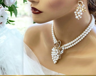 Parure de boucles d'oreilles collier de perles pour la mariée, Bijoux pour la mariée, Parure de bijoux de mariée en perles, Parure de bijoux de mariage, Boucles d'oreilles de mariage, Parure de bijoux de soirée