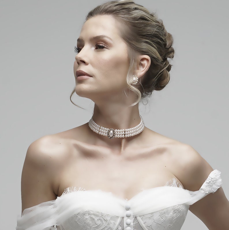 Bridal jewelry set, Bridal choker necklace earrings, Wedding choker, white Victorian pearl jewelry set, bridesmaid jewelry, choker set image 4