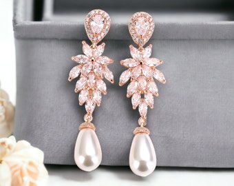 Rose Gold Bridal Earrings, Bridesmaid Earrings Jewelry, Leaf Pearl drop Bridal Earrings, Jewelry for Bride, CZ Earrings, Wedding Jewelry