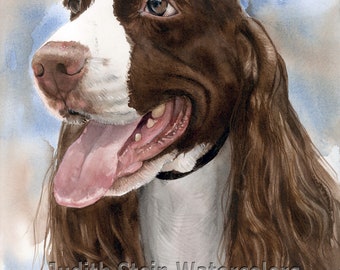 Springer Spaniel, Brown & White, AKC Sporting, Pet Portrait Dog Art Watercolor Painting Print, Wall Art, Home Decor, "Spring into Action"
