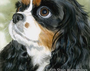 Cavalier King Charles Spaniel, Tri Color, AKC Toy, Pet Portrait Dog Art Watercolor Painting Print, Wall Art, Home Decor, "Fit for a King"