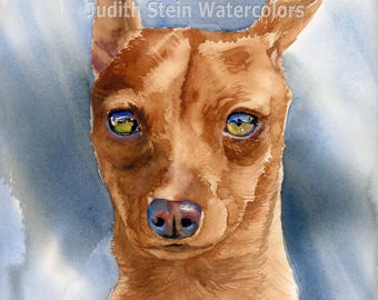 Miniature Pinscher, Red, AKC Toy, Pet Portrait Dog Art Watercolor Painting Print Picture, Wall Art, Home Decor, "King of the Toys" k9stein