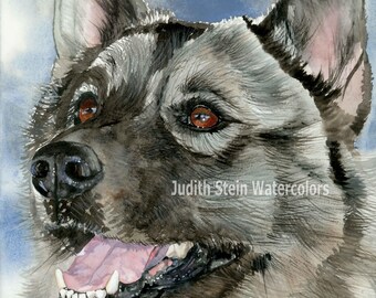 Norwegian Elkhound, Pet Portrait Dog Art Watercolor Painting Print, Wall Art, Home Decor, "Elkie" Judith Stein k9stein