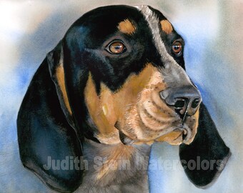 Bluetick Coonhound, Coon, Blue, AKC Hound, Pet Portrait Dog Art Watercolor Painting Art Print, Wall Art, Home Decor "Blue Boy" Judith Stein