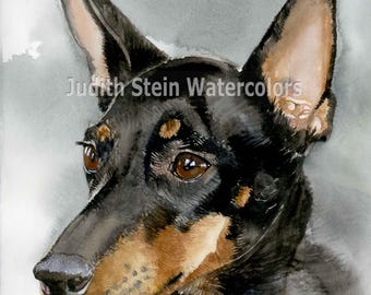 Toy Manchester Terrier, Black & Tan, AKC Toy, Pet Portrait Dog Art Watercolor Painting Print Picture, Wall Art, Home Decor, "High Spirits"
