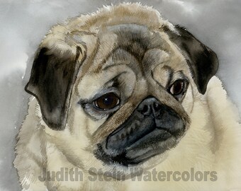 Pug, Chinese, Fawn, AKC Toy Dog, Pet Portrait Dog Art Watercolor Painting Print Picture, Wall Art, Home Decor, "Playful Pug" Judith Stein