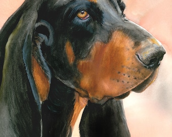 Black and Tan Coonhound, Coon, AKC Hound, Pet Portrait Dog Art Watercolor Painting Art Print, Wall Art, Home Deco "R & B" Judith Stein