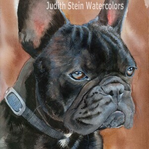 May include: Watercolor painting of a black French Bulldog with a serious expression. The dog is wearing a black collar and has a white patch on its chest. The background is a soft brown color.