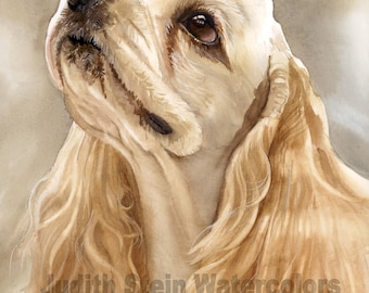 Cocker Spaniel, Buff, Cream, Tan, ASCOB, AKC Sporting, Pet Portrait Dog Art Watercolor Painting Print, Wall Art, Home Decor, "Wagin' Tail"