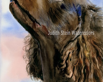 American Water Spaniel, Chocolate, AKC Sporting, Pet Portrait Dog Art Watercolor Painting Print, Wall Art, Home Decor, "I Love a Mystery"