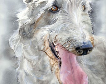 Scottish Deerhound, Deer, AKC Hound, Pet Portrait Dog Art Watercolor Painting Art Print, Wall Art, Home Deco "Deer Hunter" Judith Stein