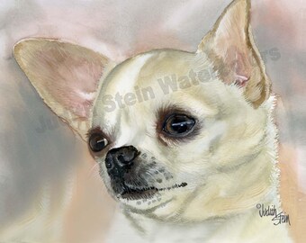 Chihuahua, Short Haired, Cream, White, AKC Toy Dog, Pet Portrait Dog Art Watercolor Painting Print, Wall Art, Home Decor, "Playtime Pooch"
