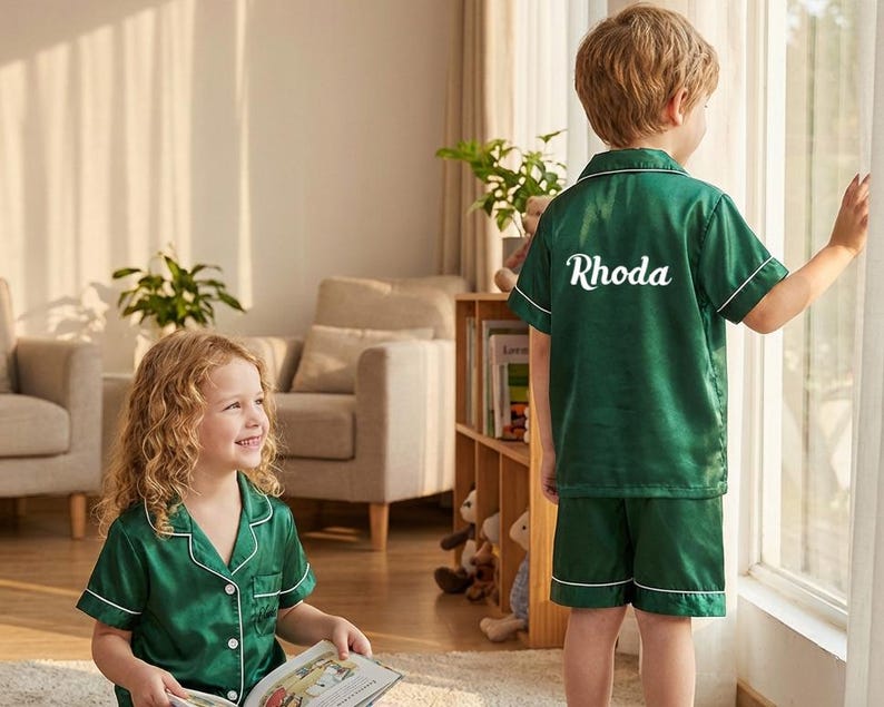 Barnpyjamasset i satin med namn – Personliga pyjamasar med blomsterflickor, fotogåvor för flickor bild 2