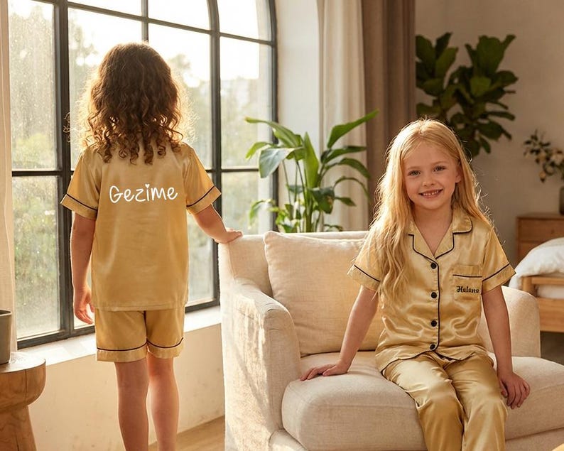 Barnpyjamasset i satin med namn – Personliga pyjamasar med blomsterflickor, fotogåvor för flickor bild 3