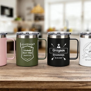 Taza de café personalizada de acero inoxidable con aislamiento al vacío y tapa, taza de viaje grabada a medida, regalos para él y para ella, padrinos de boda.