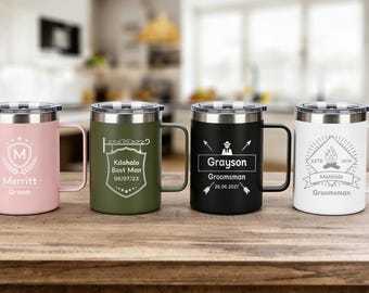 Tazza da caffè personalizzata in acciaio inox con isolamento sottovuoto e coperchio, tazza da viaggio con incisione personalizzata, regalo per lui e per lei, per i testimoni dello sposo.
