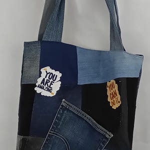 Upcycled Denim Patchwork Tote Bag, Eco-Friendly Lined Shoulder Bag