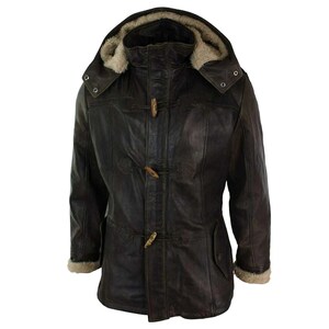 Mens Black Sheepskin Leather Duffle Coat Hooded Long Trench Winter Warm Jacket Stylish