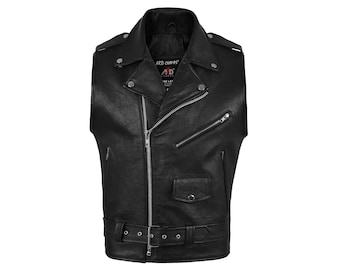 Chaleco de cuero negro para hombre estilo motero | Chaqueta de moto sin mangas con cinturón, estilo punk motero