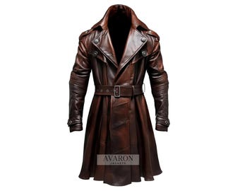 Men's Vintage Long Brown Duster Real Leather Trench Coat |  Heavy duty biker style jacket