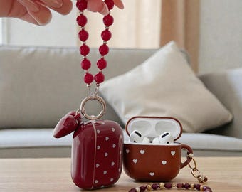 Retro Brown Heart AirPods Case, Chic Wine Red Full Pattern Cover for Pro 2 3 4