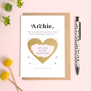 Carte personnalisée à gratter pour révéler Will You Be My Boyfriend - Carte de proposition - Partenaire à gratter et révéler - Cœur doré