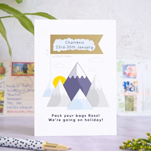 Carte à gratter personnalisée Mountain Holiday Reveal - Voyage de ski surprise - VTT - Vacances de ski - Carte de révélation de snowboard