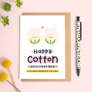 Carte d'anniversaire de mariage Happy Cotton - 2e anniversaire de mariage - deuxième anniversaire - 2 ans de mariage avec vous - jolie carte d'anniversaire