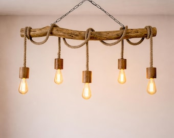 Lampadario fatto a mano con rami d'albero, lampada da soffitto rustica in legno con corda, arredamento naturale boho