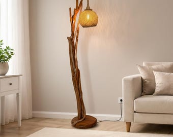 Rustic Tree Floor Lamp, Handmade Natural Wood Boho Floor Lamp, Decorative Living Room Corner Lamp