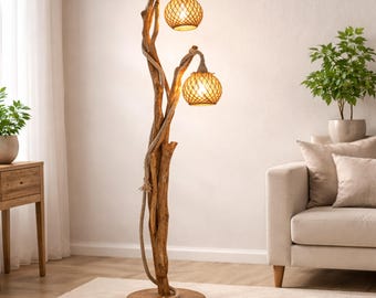 Rustic Wooden Floor Lamp, Handmade Natural Wood Lamp, Boho Style, 2-Bulb Tall Lamp