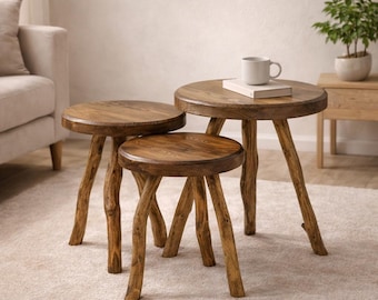 Ensemble de 3 tables d'appoint gigognes en bois naturel faites main, style rustique